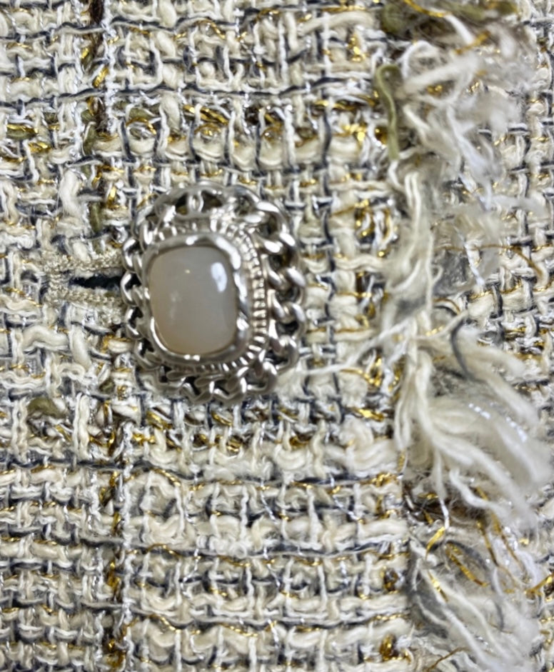 Chanel 10P Fantasy Tweed Beige Metallic Gold Jacket Skirt Suit Set FR 42/44