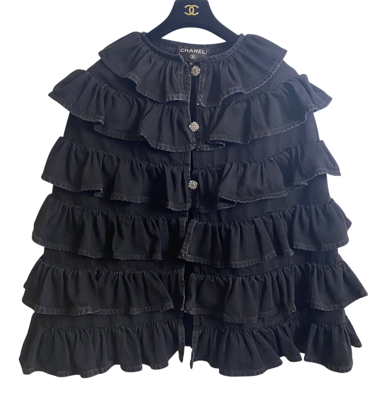 Chanel 24A Paris Manchester Black Denim Coat Jacket Cape FR 36