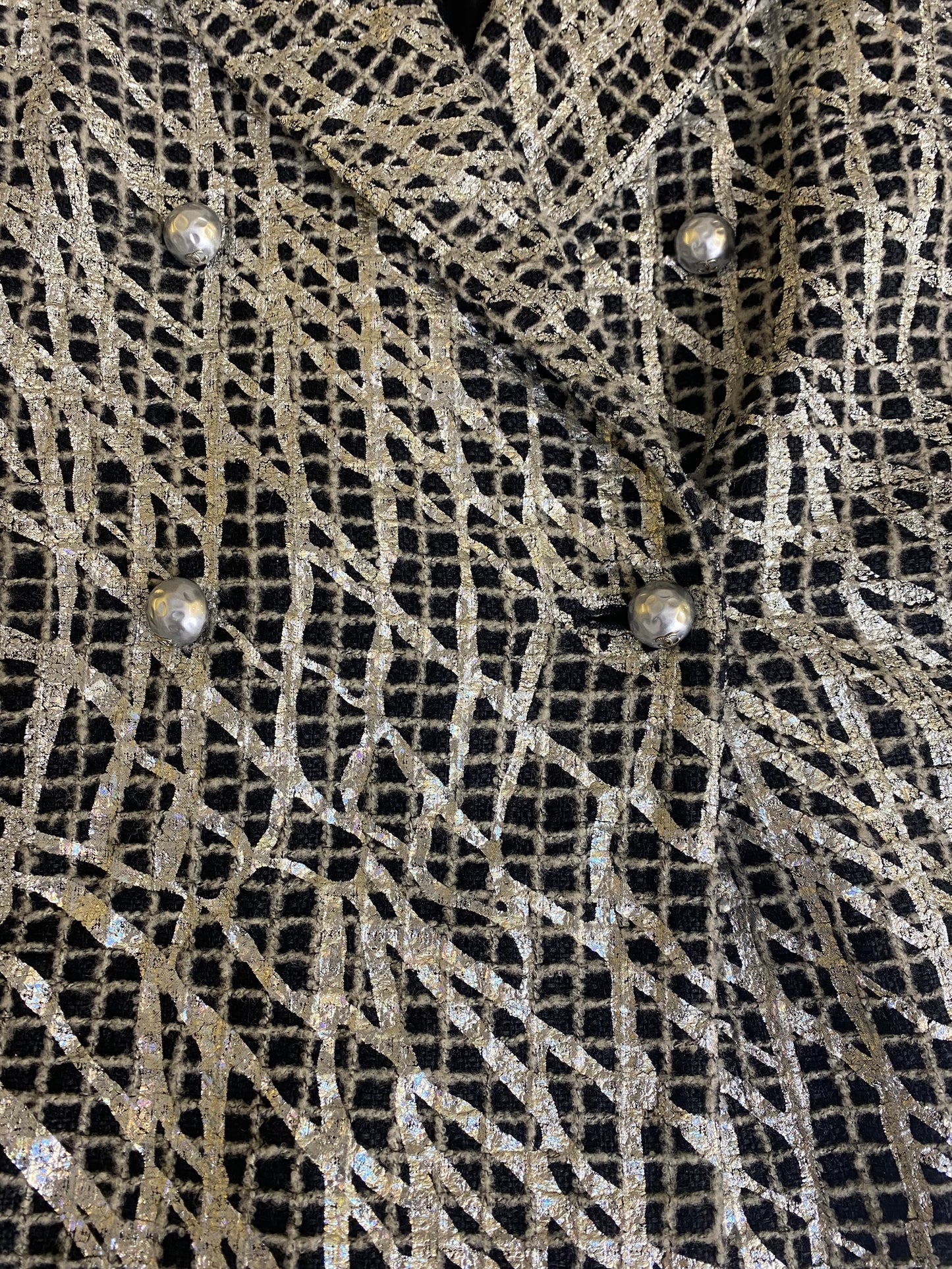 Chanel 12P Double Breasted Silver Metallic Graffiti Black Removable Pearls Jacket FR 36