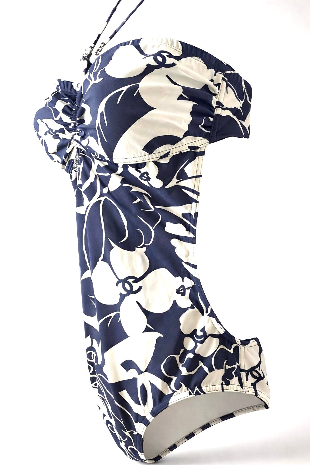 Chanel 2021 Coco Beach Dark Navy White One-Piece Cut Out Swimsuit FR 40