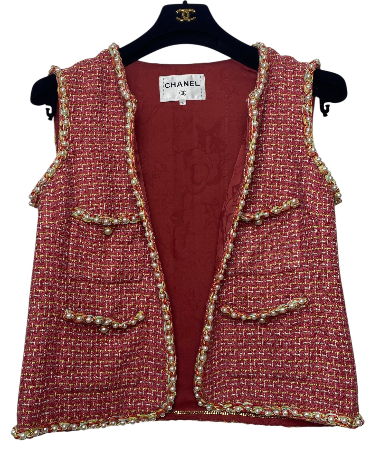 Chanel 17S Red Multicolor Pearl Trim Tweed Waistcoat Vest FR 40