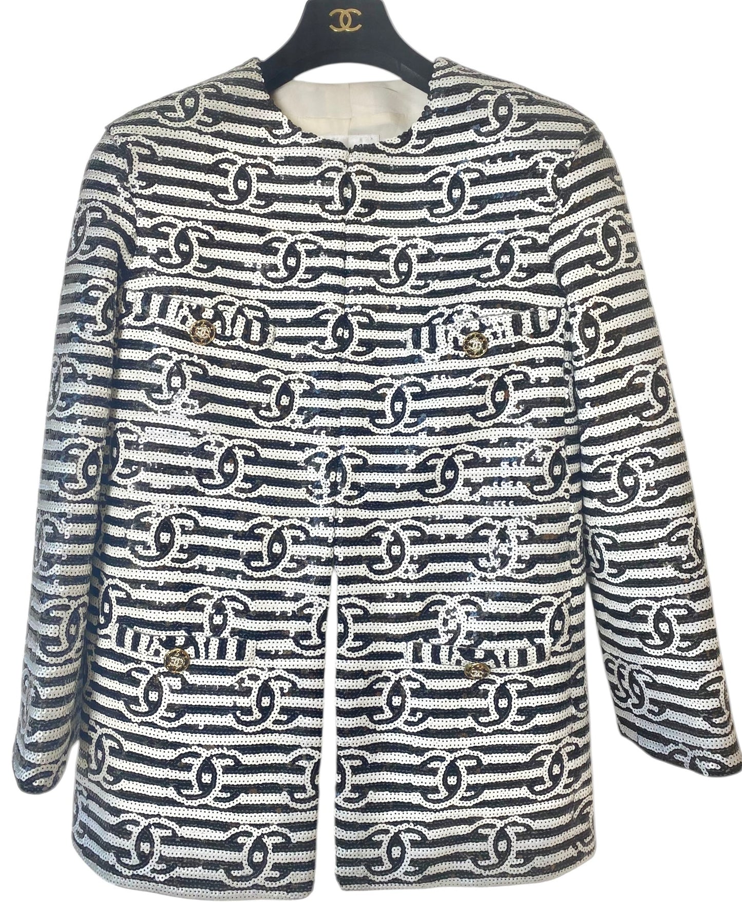 Chanel 22S Runway Sequin CC Logo Black and White Jacket FR 40