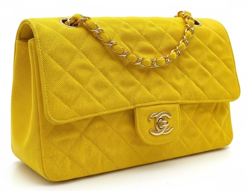 Vintage Chanel 1992 Yellow Denim Medium Classic Flap Bag 24K Gold Hardware