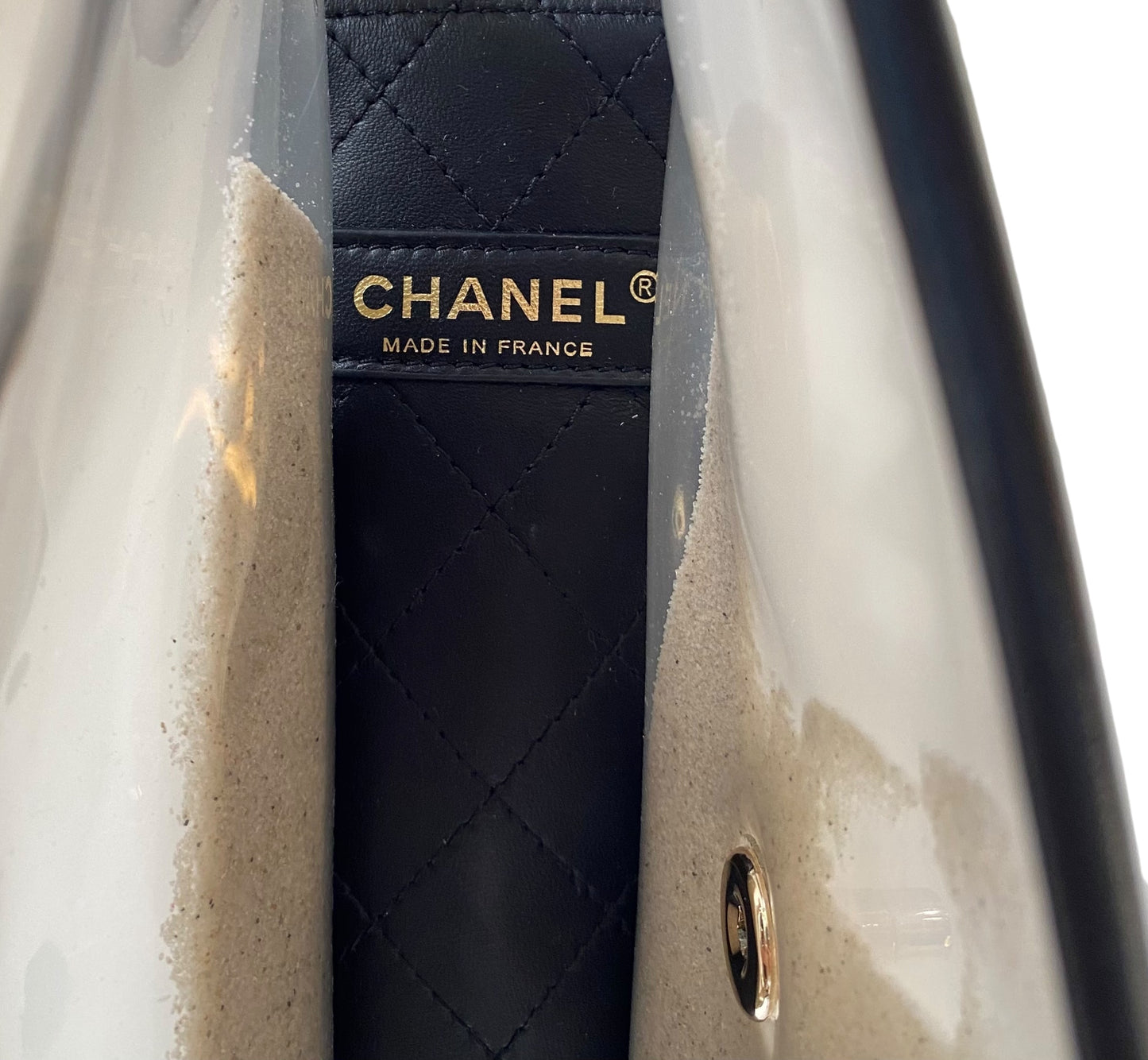 Chanel 19S Runway Medium Black Lambskin PVC Sand By The Sea Pearl Strap Flap Bag