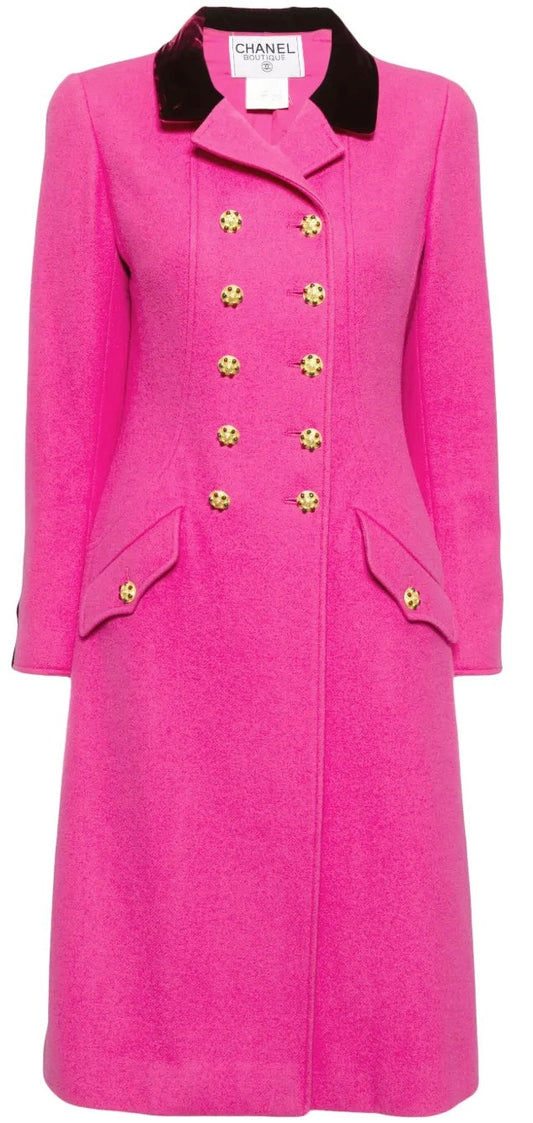 Rare Chanel 96A Vintage Pink & Burgundy Velvet Trim Gripoix Double Breasted Coat FR 38