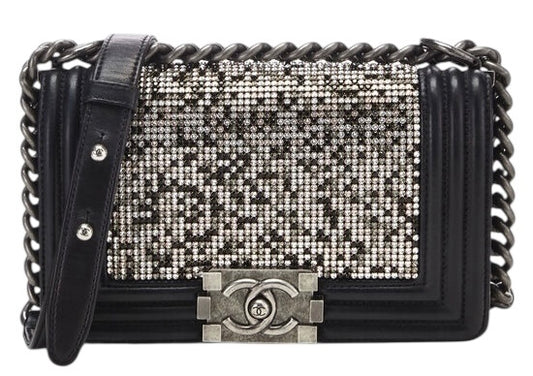 Chanel 14P Limited Edition Swarovski Crystals Strass Small Black Leather Boy Handbag