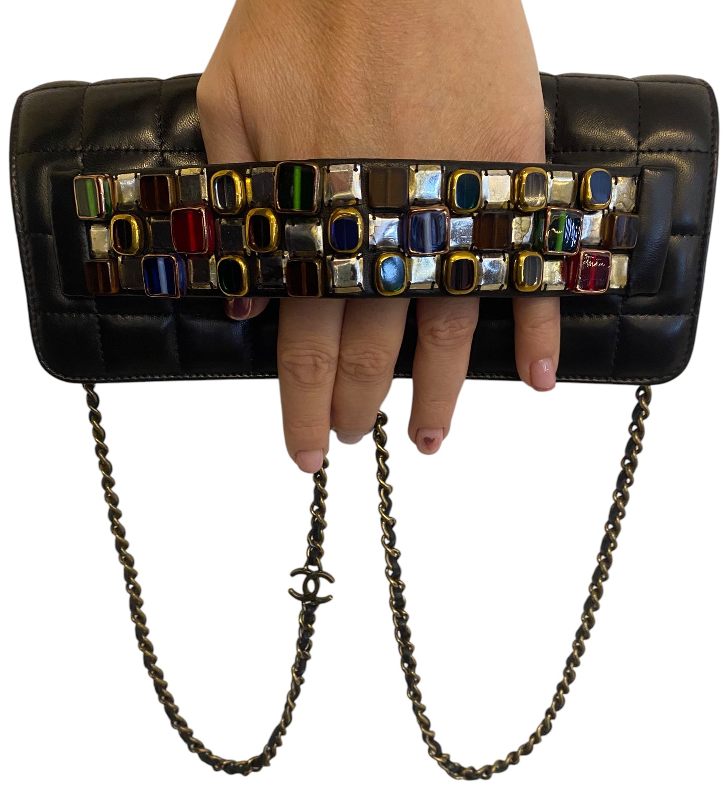 Chanel 11A Paris-Byzance Black Chocolate Bar Lambskin Leather Jeweled Clutch Minaudière Bag