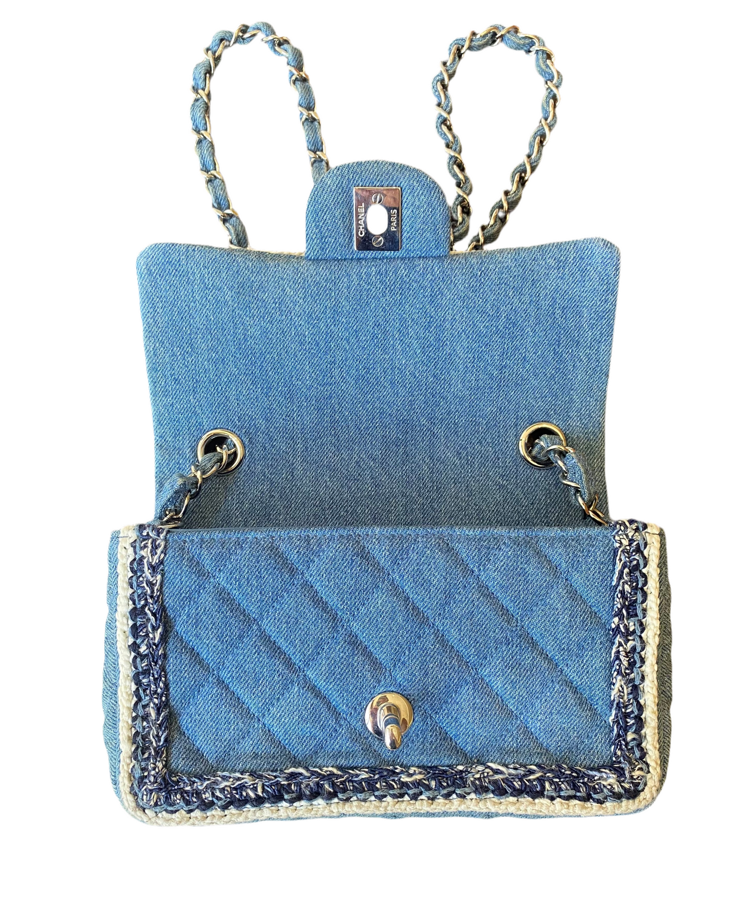Chanel 2019 Mini Small Light Blue Denim Braided Trim Classic Flap Bag