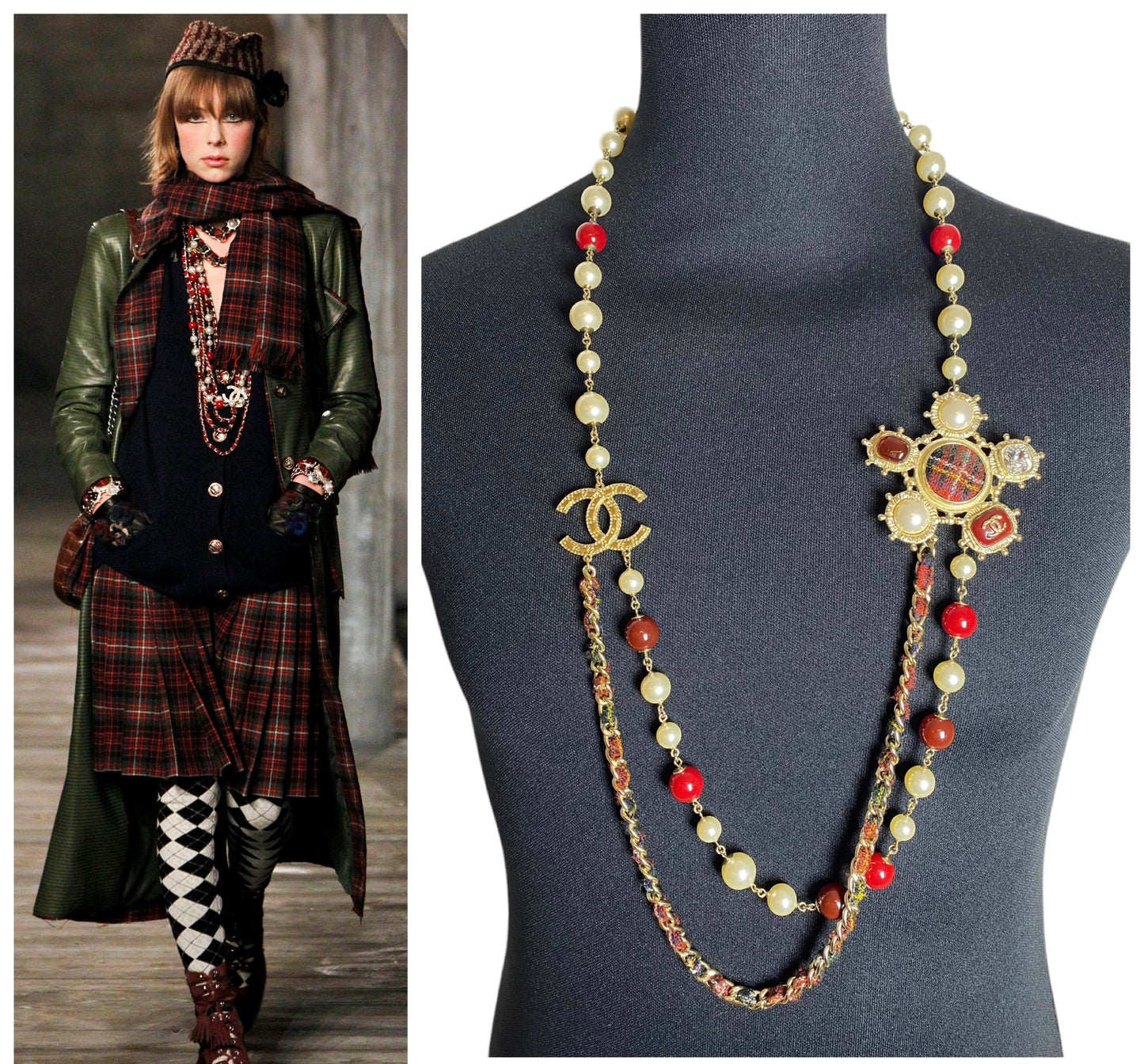 Chanel 13A Paris-Edinburgh Double Strand Red Gold Large CC Tweed Pearl Necklace Belt