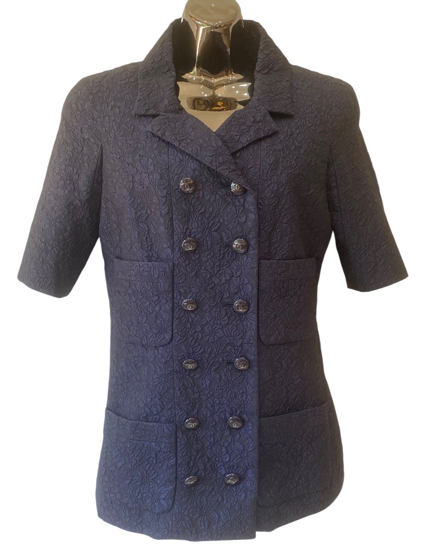 Chanel 14C Dark Navy Black Camellia Jacquard Double Jacket FR 38