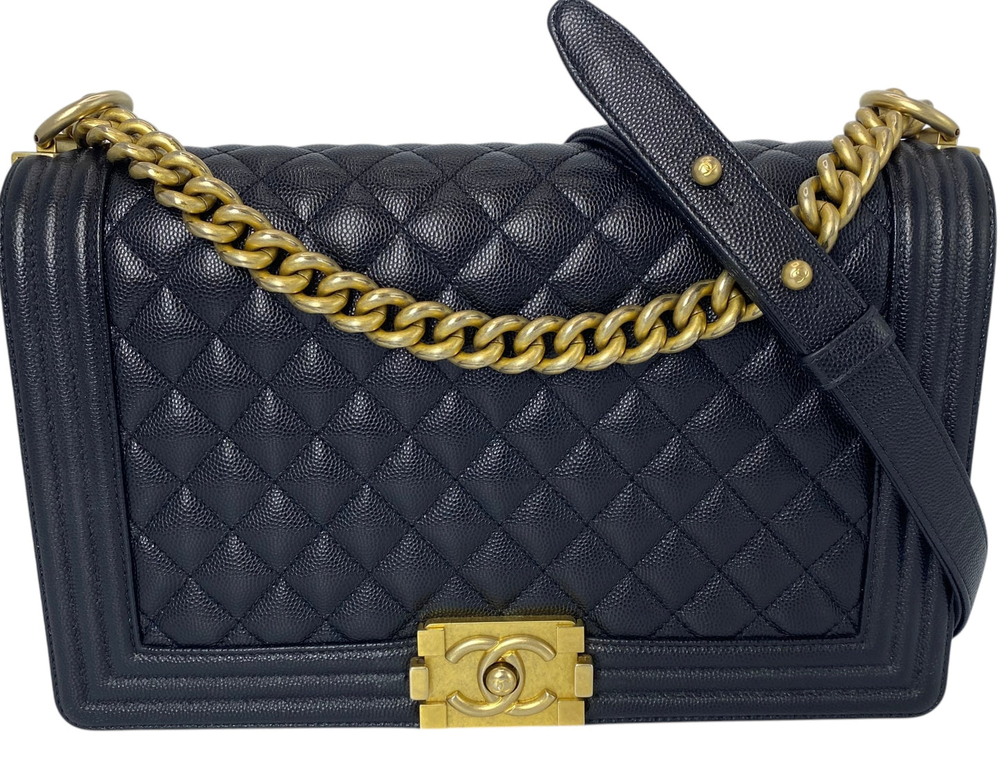Chanel 2019 Black Caviar New Medium Boy Bag Aged Gold Hardware