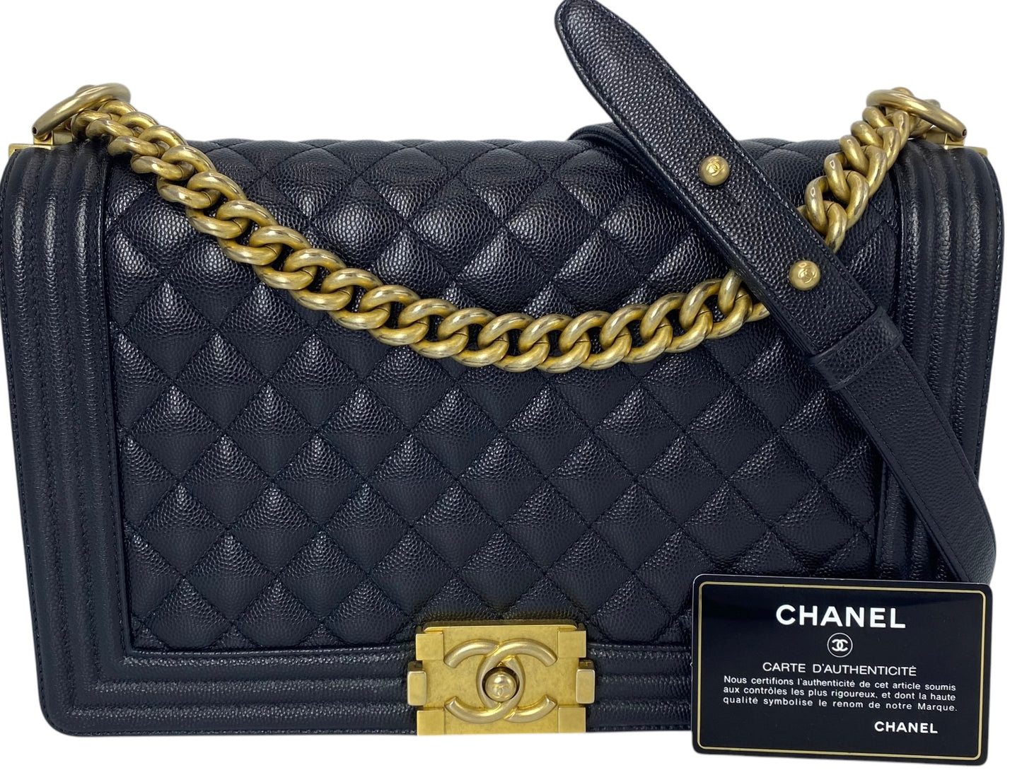 Chanel 2019 Black Caviar New Medium Boy Bag Aged Gold Hardware