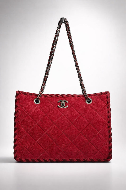 Chanel 13A Edinburgh Red Medium Wool Quilted Shopping Tote Bag
