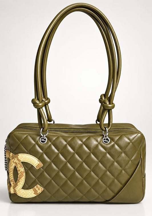 Chanel 2005 Large Ligne Cambon Hunter Green Python CC Bowler Bag Tote