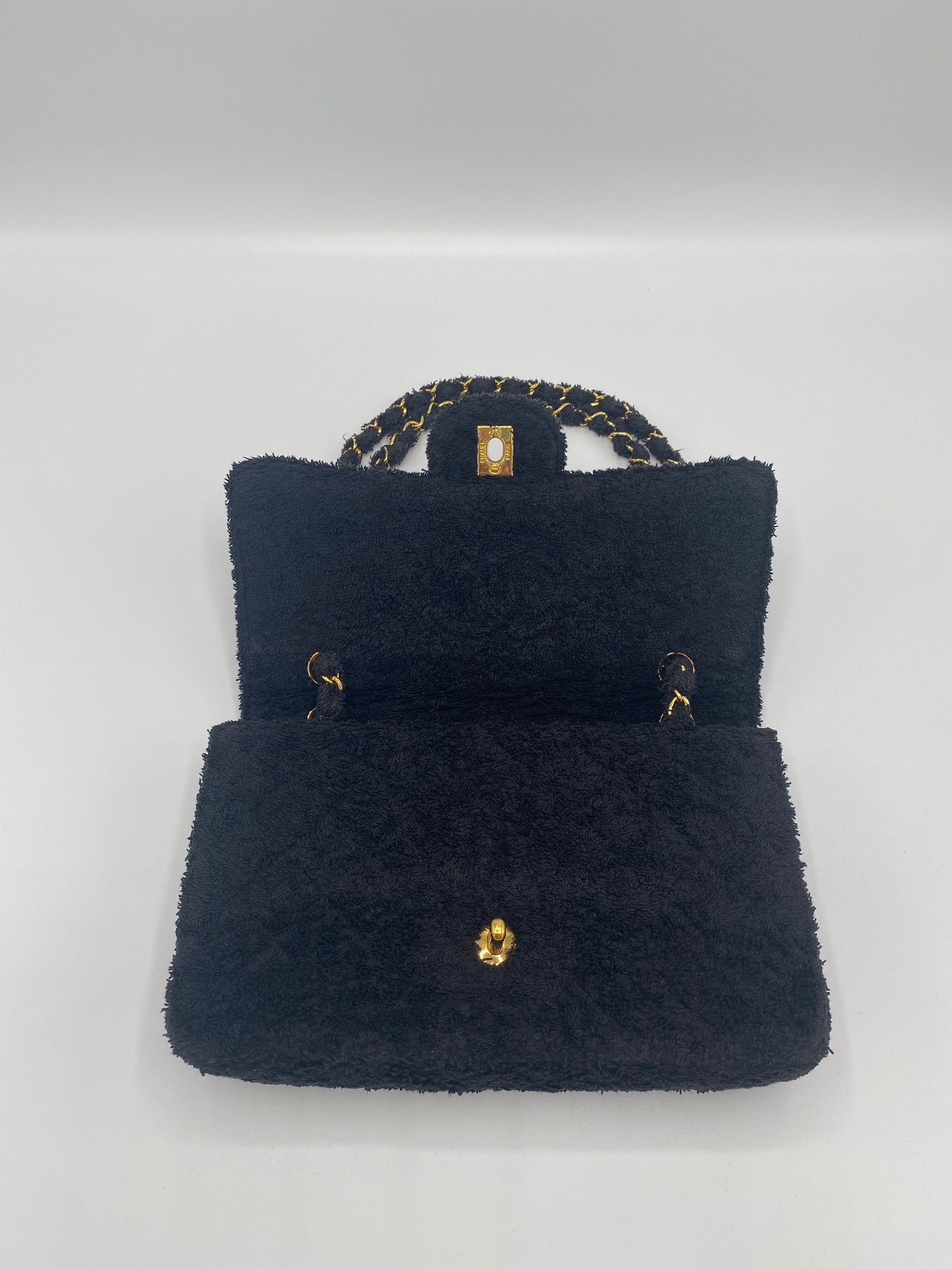 Rare Chanel 1994 Medium Black Terry Cloth Flap Bag
