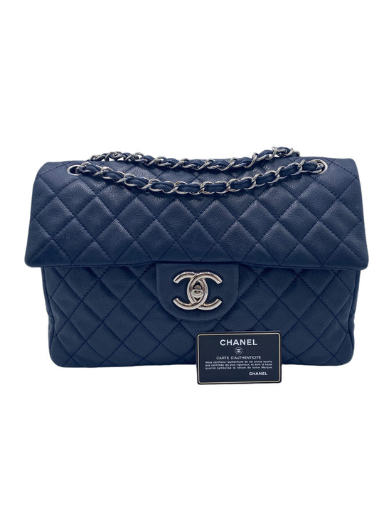 Chanel Navy Blue Soft Caviar Maxi Classic Flap Bag Silver Hardware SHW