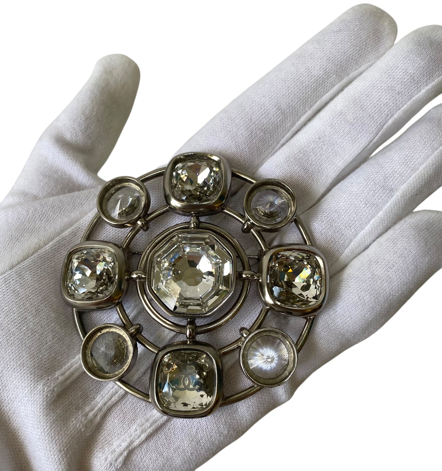 Chanel 17A Runway XL Round Swarovski Crystal Silver Brooch