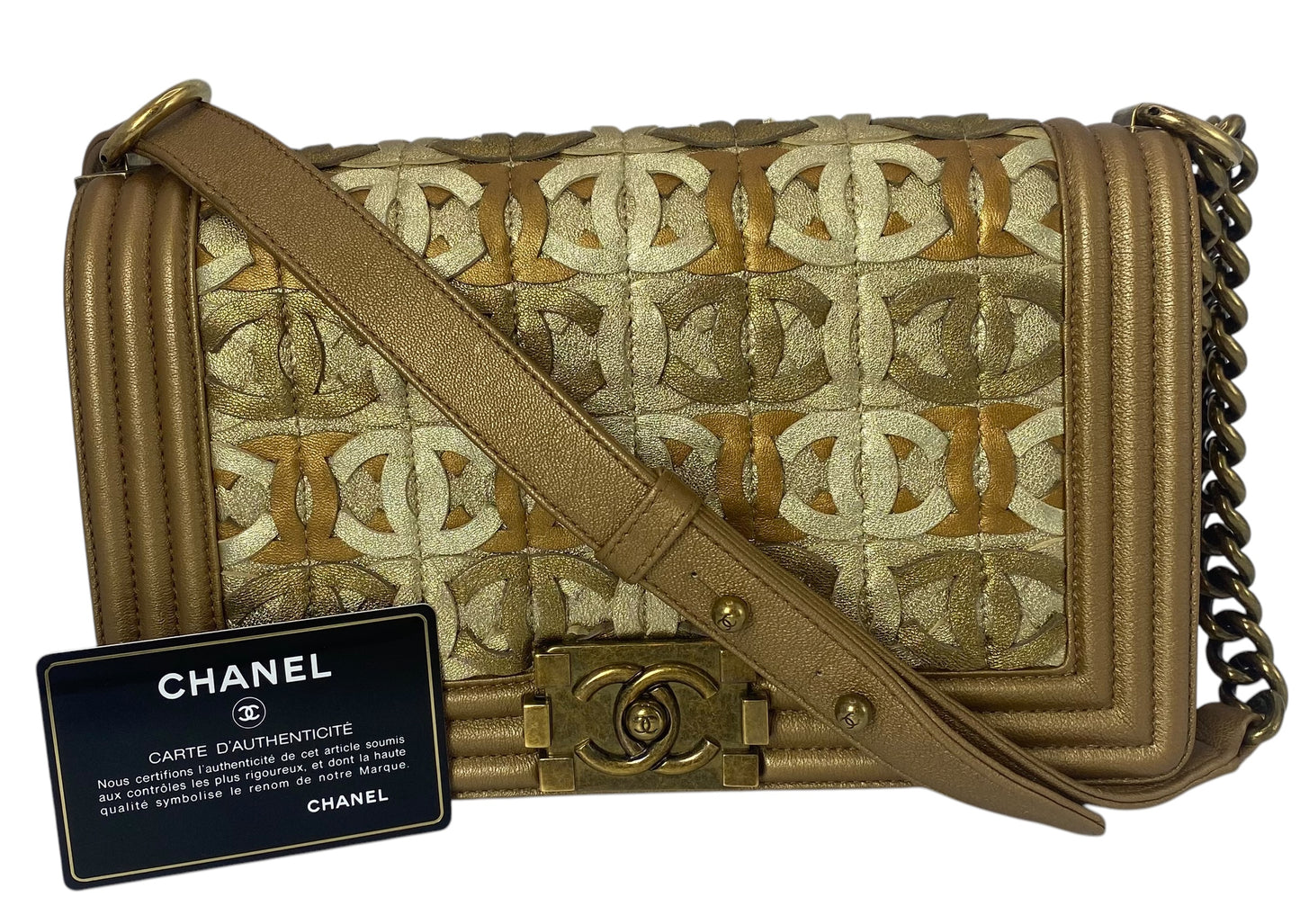 Chanel 15C Metallic Gold CC Cut Out Old Medium Boy Bag
