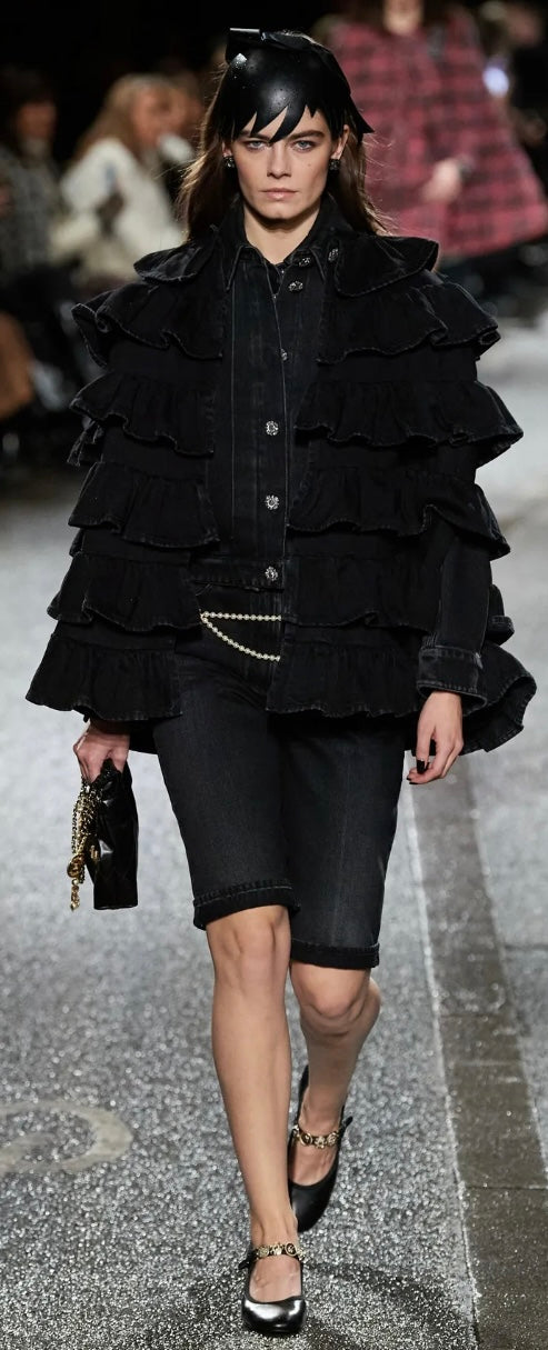 Rare Chanel 24A Paris Manchester Runway Black Denim Coat Jacket Cape FR 36