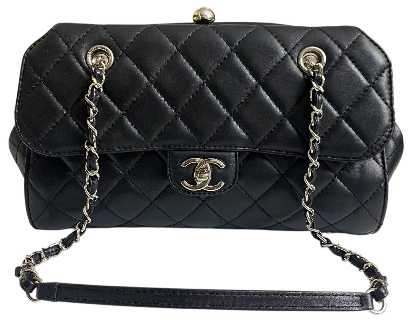 Chanel Classic Black CC Kisslock Lambskin Frame Compartment Bag
