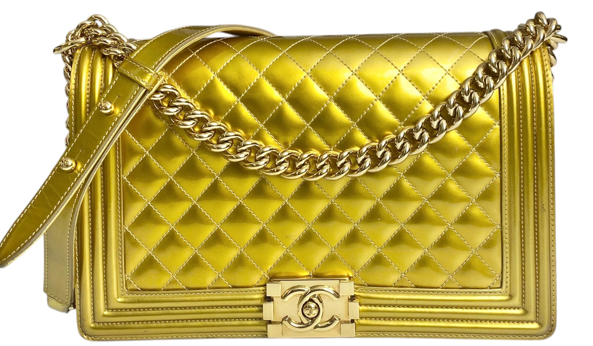 Chanel New Medium Boy Metallic Gold Patent Calfskin Leather GHW