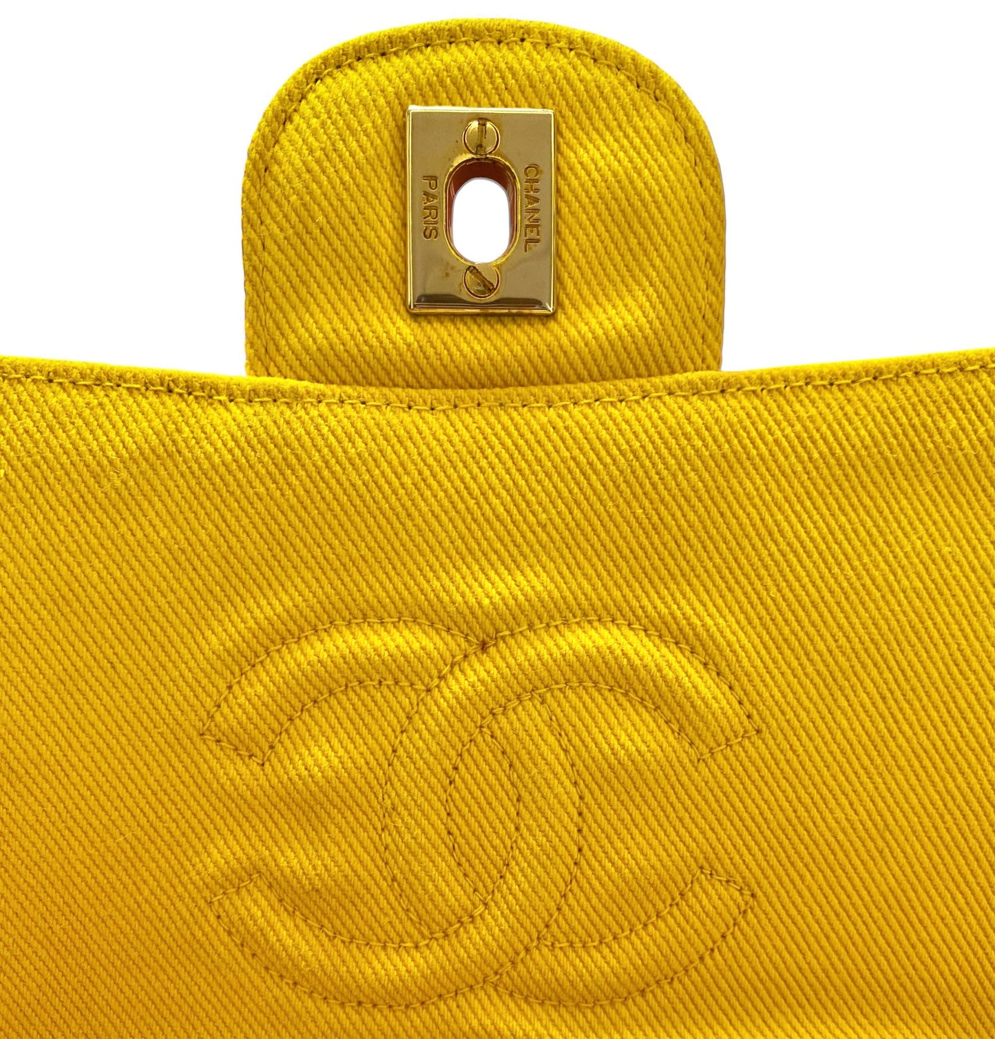 Vintage Chanel 1992 Yellow Denim Medium Classic Flap Bag 24K Gold Hardware