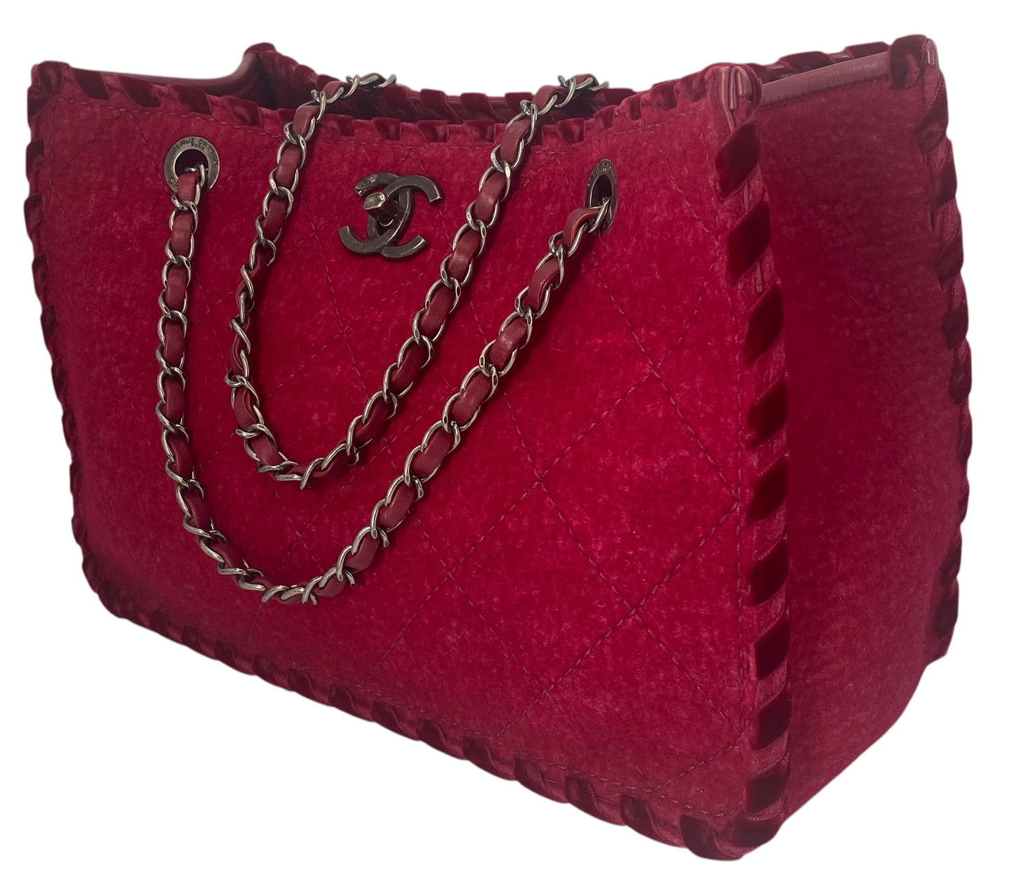 Chanel Medium Fancy Felt Raspberry Red Wool Shopping Tote Bag