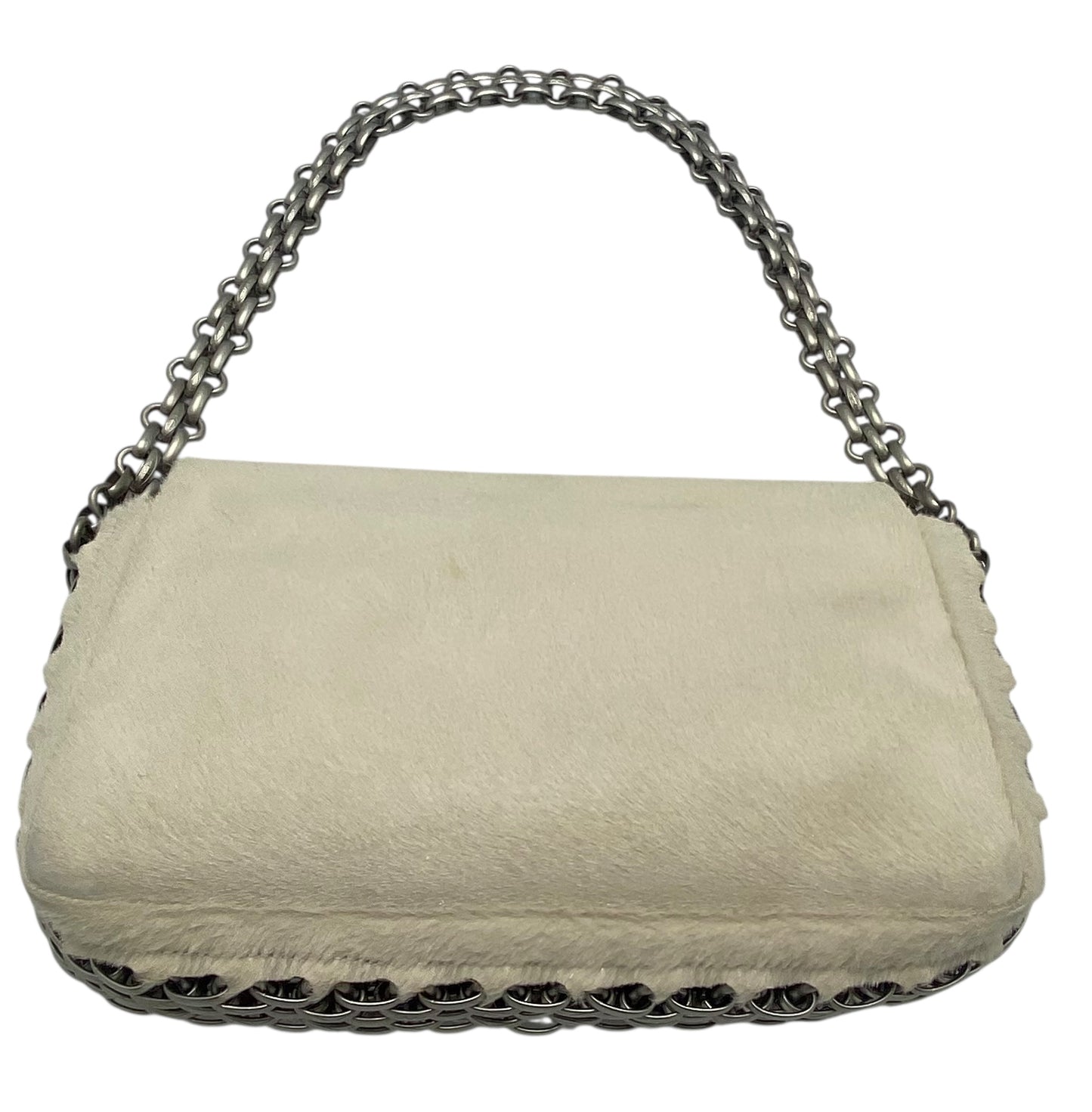 Rare Chanel White Shimmer Pony Hair Swarovski Crystal Chain Around Classic Medium Flap Bag