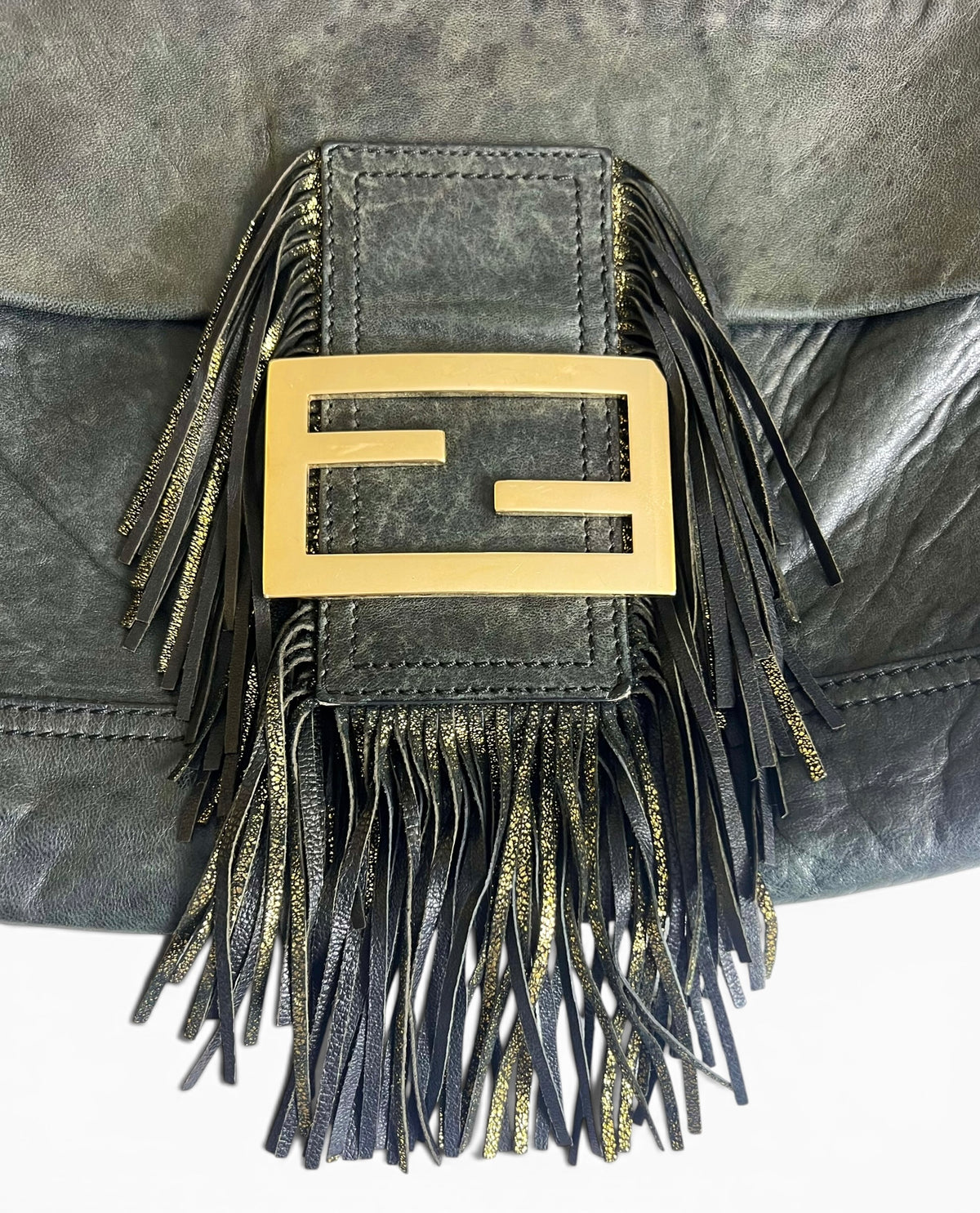 Vintage Fendi XL Black Gold Metallic Leather Wild Fringe Baguette Shoulder Crossbody Bag