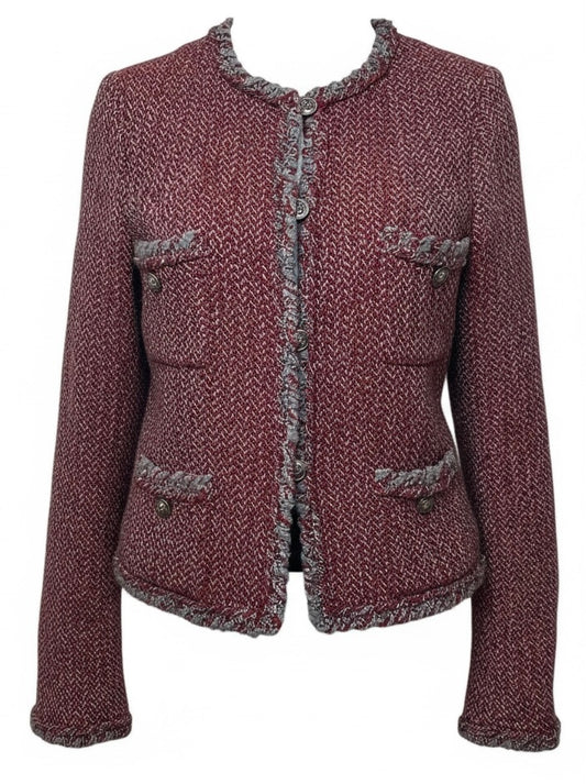 CHANEL 08A BURGUNDY GREY BRAIDED TRIM TWEED JACKET BLAZER FR 38
