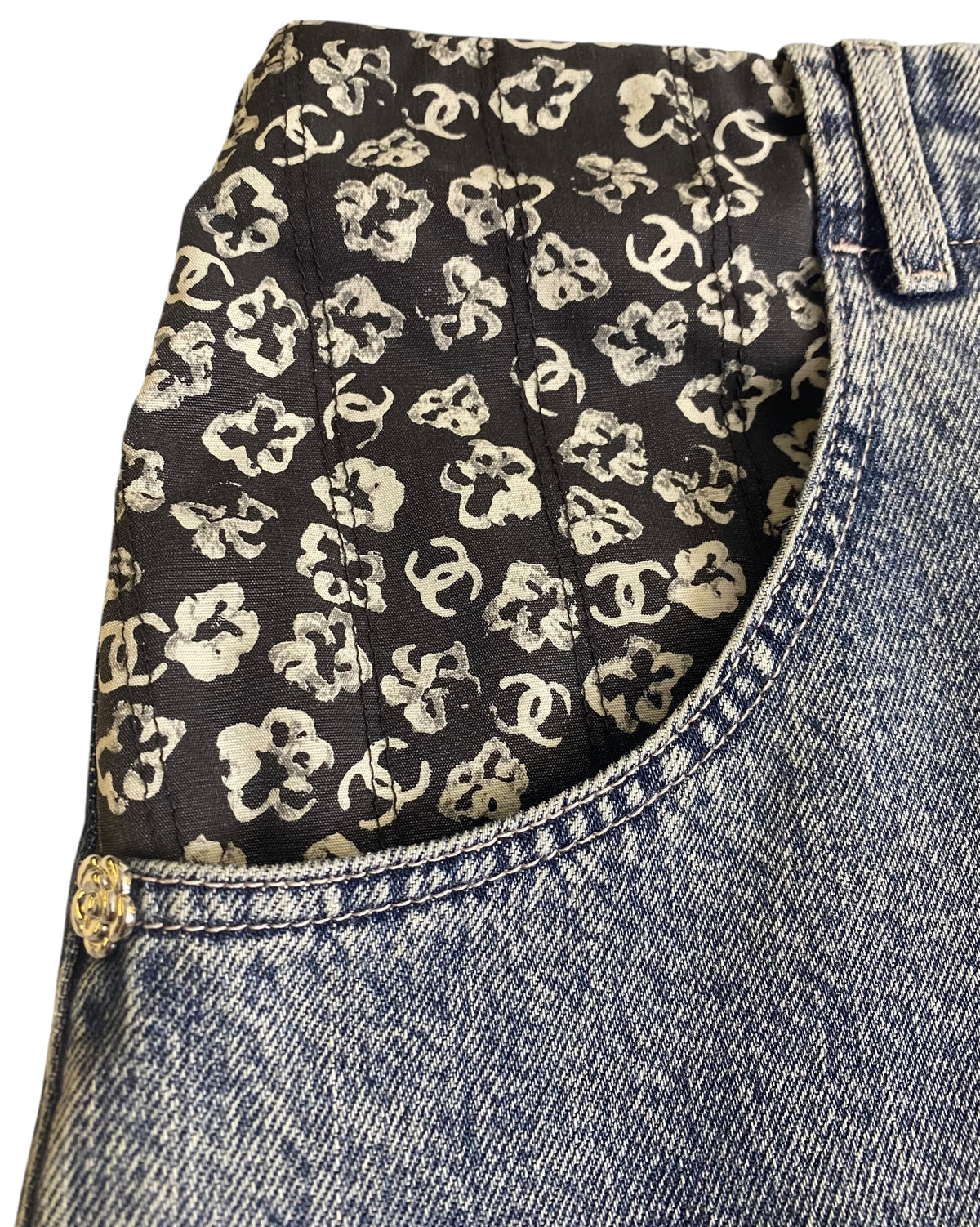 Chanel 25B Wide Leg Camellia Blue Jeans FR 40