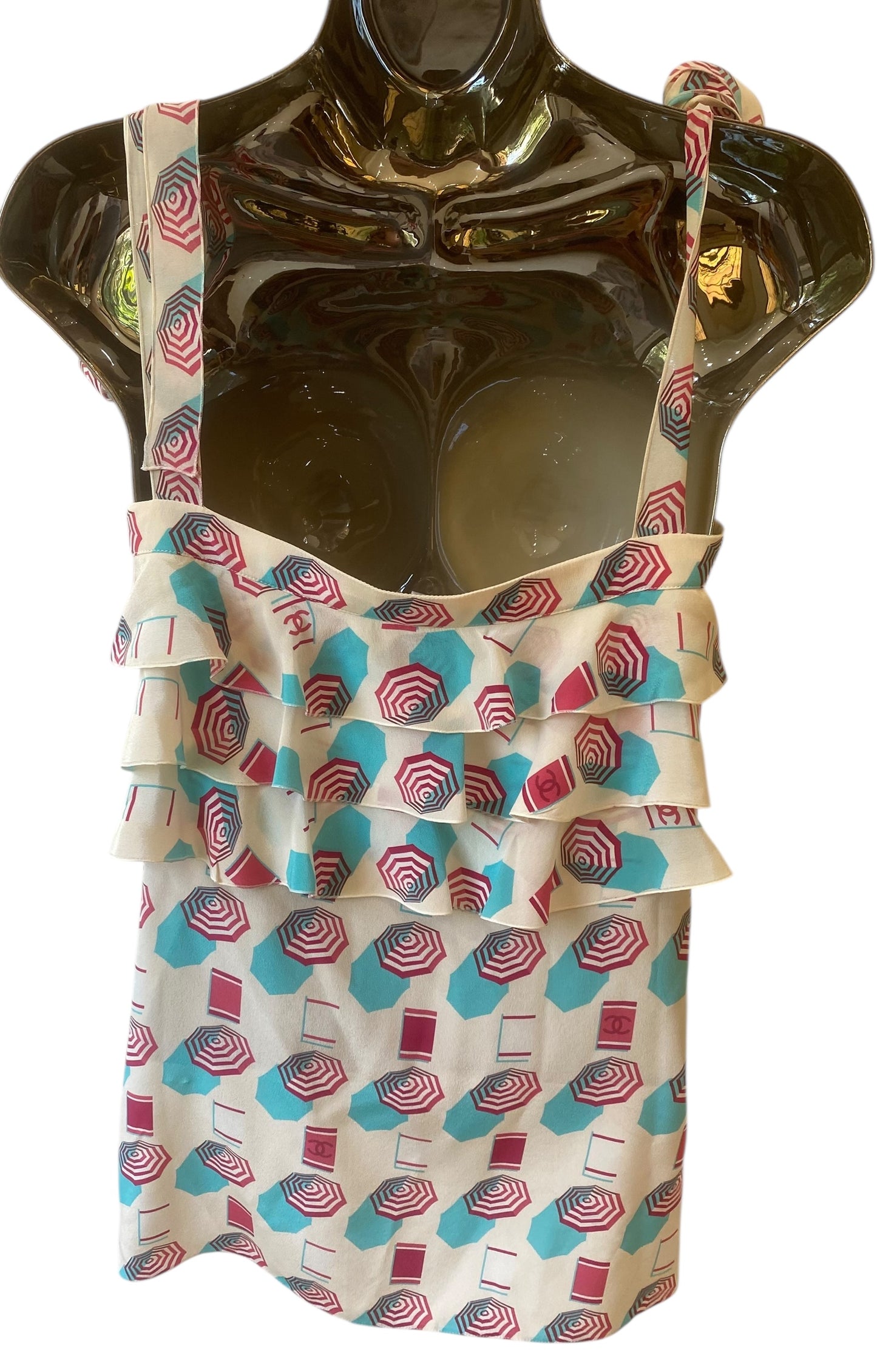 Chanel 19S Runway Umbrella Shells Motif Silk Multicolor Blouse FR 36