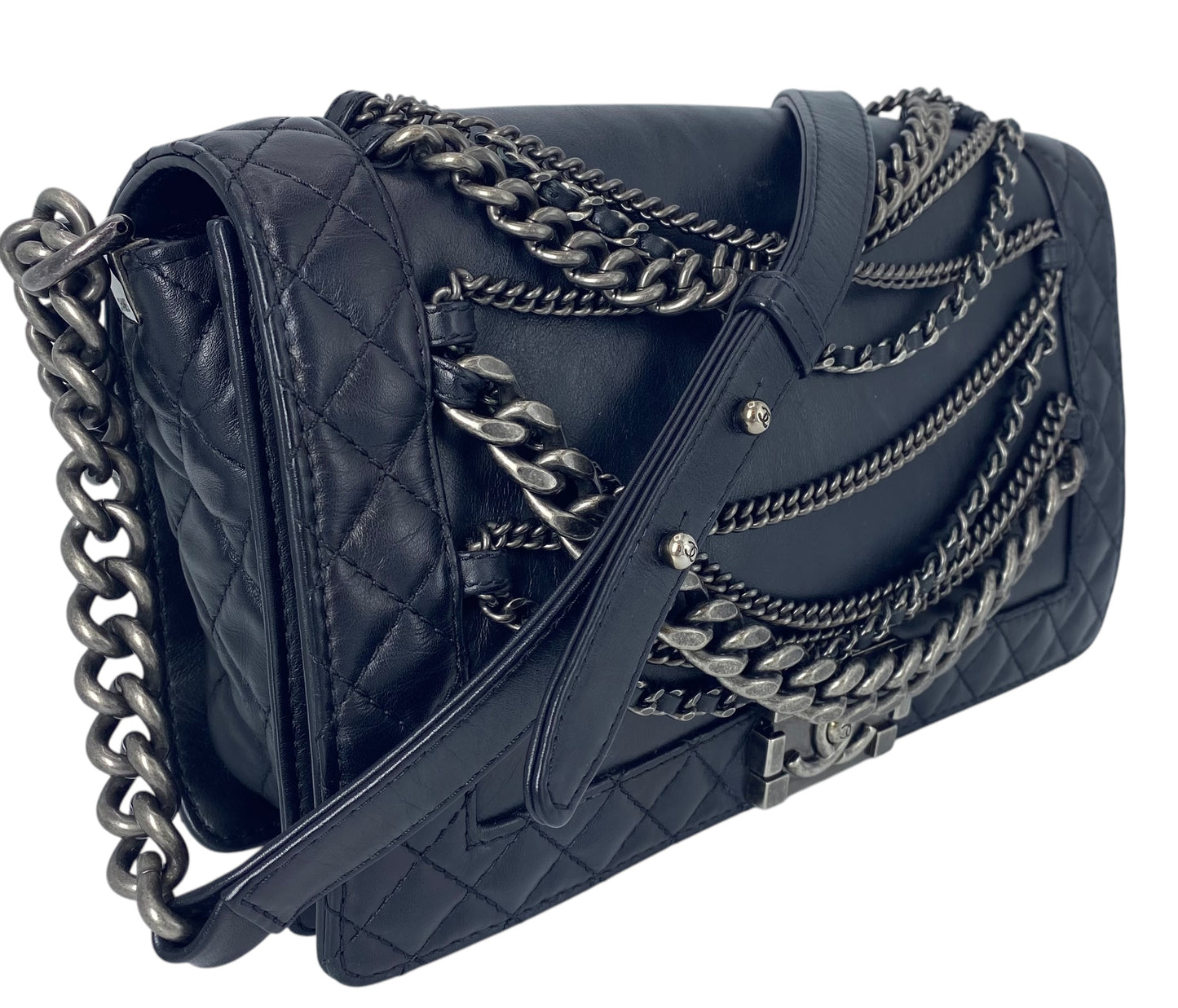 Chanel 2013 Enchained Boy Bag Black Leather Medium Flap Bag