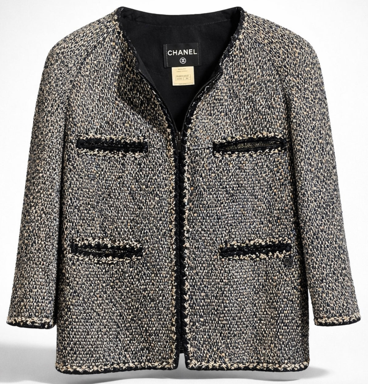 Chanel 11A Classic Black White Tweed Braided Trim Zip Up Jacket FR 50