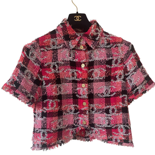 Chanel 22M Coco Beach Pink Fantasy Tweed Sequin Blouse Jacket Top FR 36
