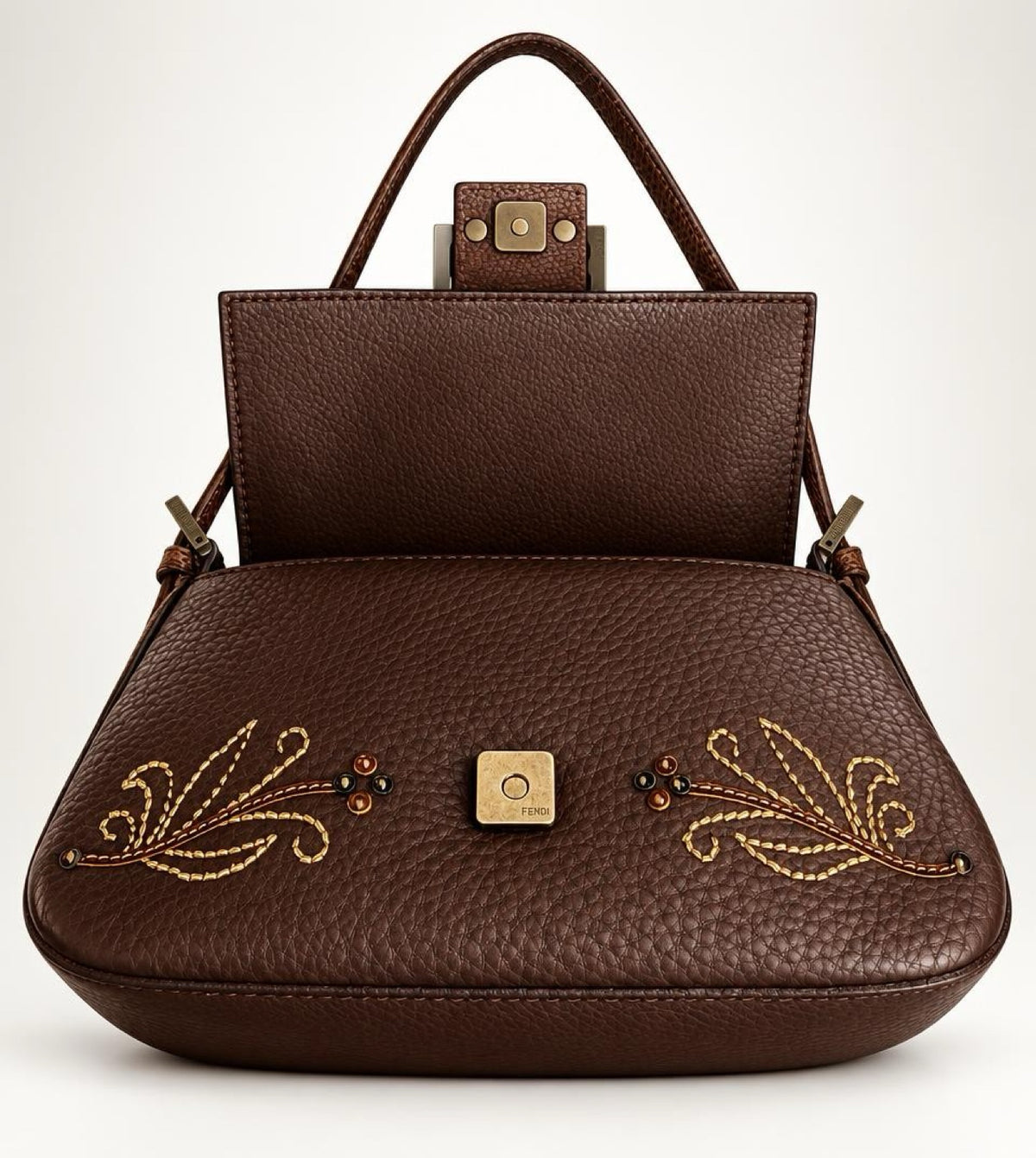 Fendi Limited Edition Dark Brown Leather Lizard Embroidered Mini Mamma Baguette Bag