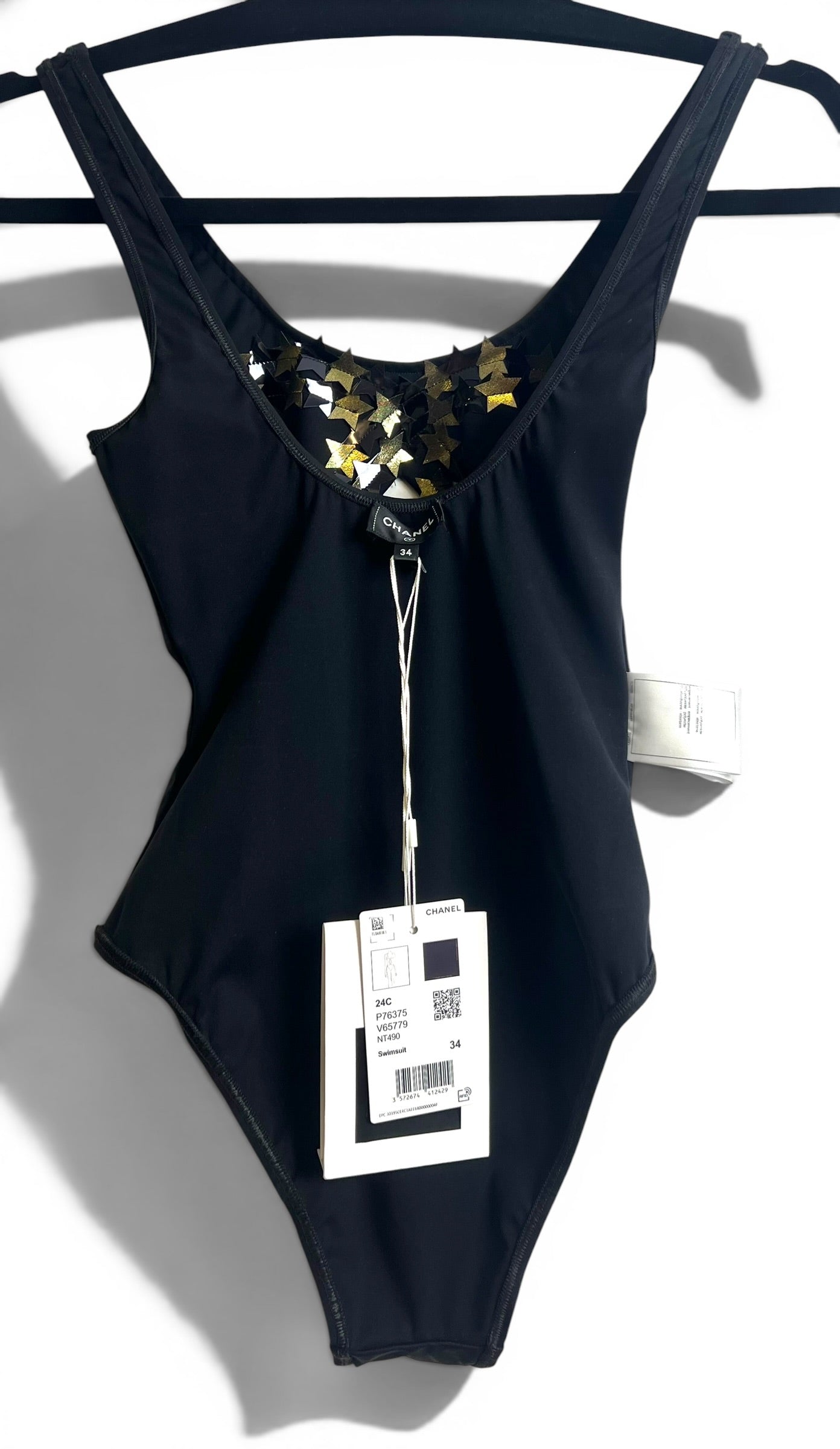 CHANEL 24C RUNWAY NEW TAGS BLACK GOLD STAR APPLIQUÉ SWIMSUIT FR 34