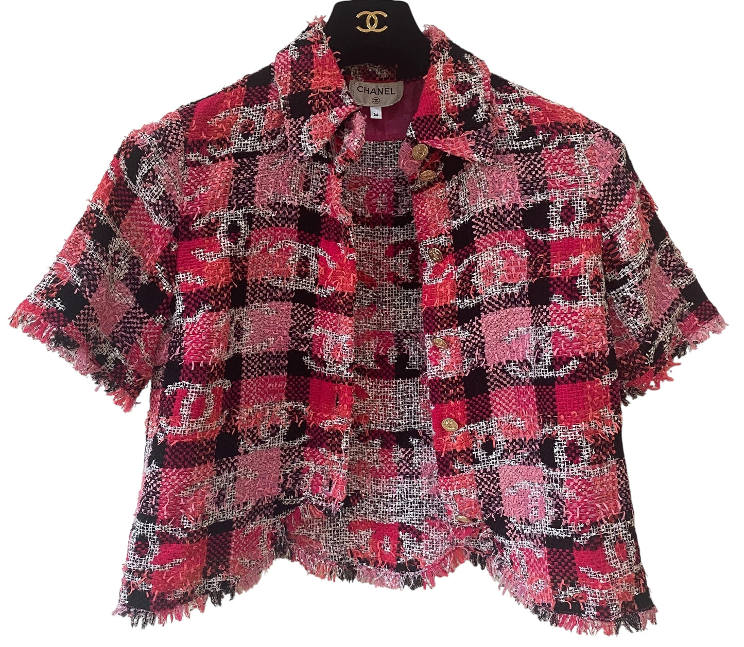 Chanel 22M Coco Beach Pink Fantasy Tweed Sequin Blouse Jacket Top FR 36
