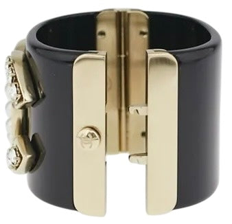 Chanel Iconic 14B Crystal & Pearl CC Wide Black Cuff Bracelet GHW
