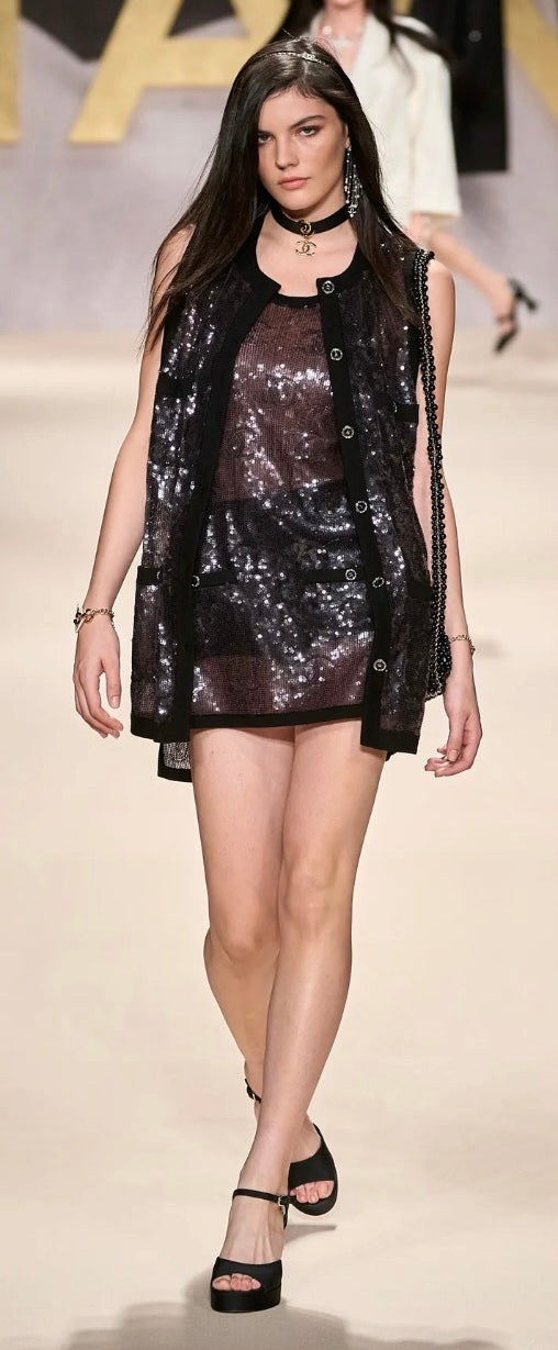 Rare Chanel 22S CC Sequin Cream Iridescent Vest Mini Dress Waistcoat Cardigan FR 40