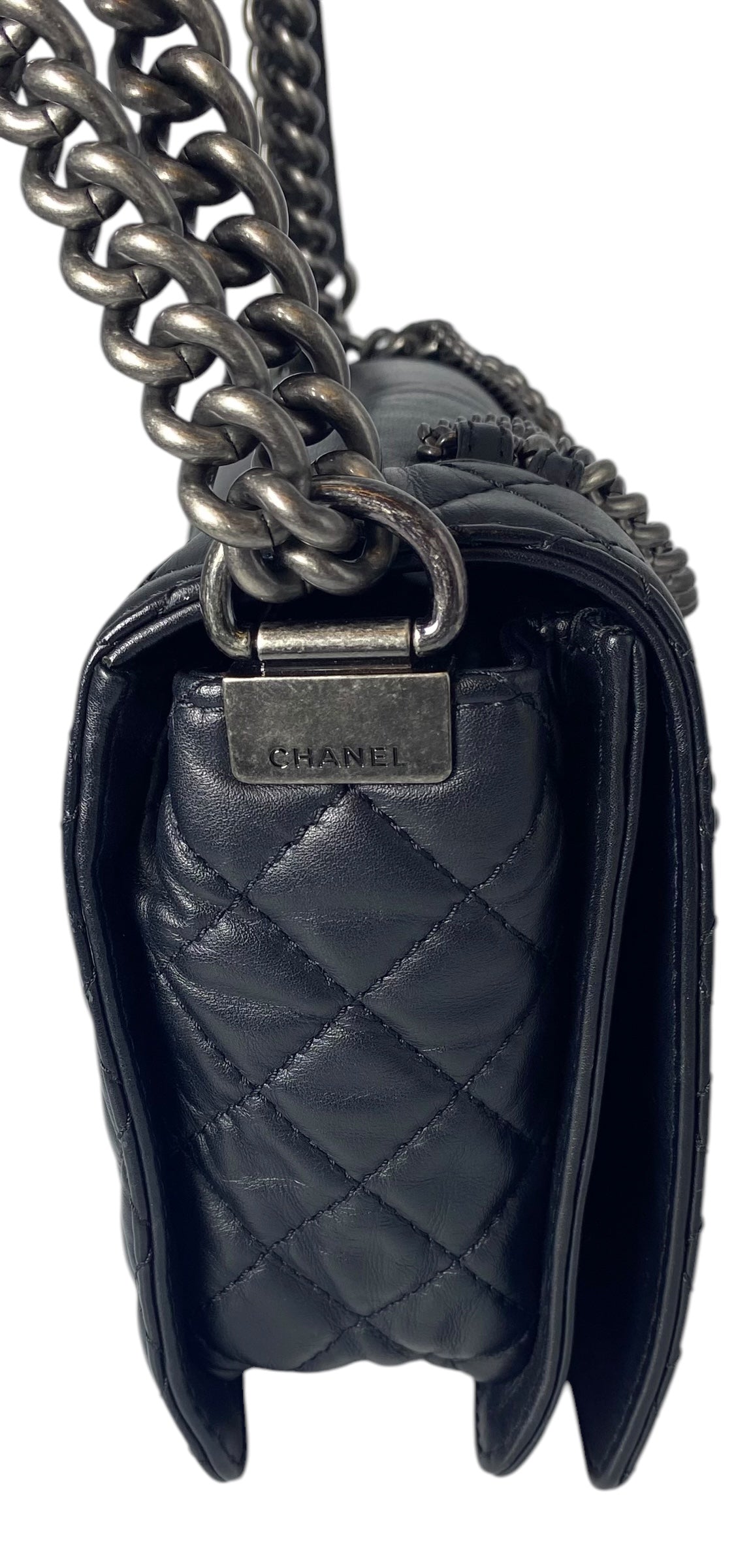 Chanel 2013 Enchained Boy Bag Black Leather Medium Flap Bag