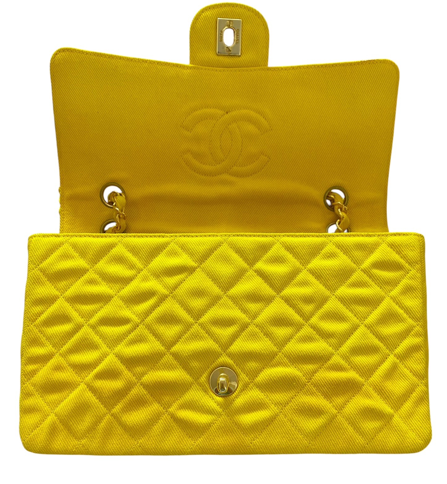 Vintage Chanel 90’s Yellow Denim Medium Classic Flap Bag 24K Gold Hardware