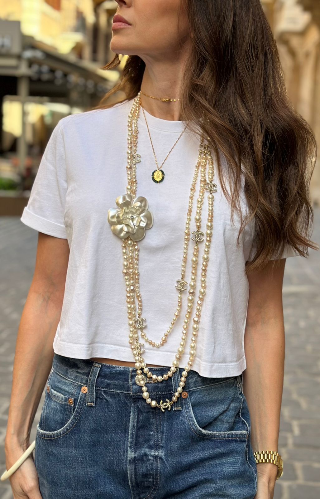 Rare Chanel 09A Extra Long 3 Strand 10 CCs Metal Camellia Long Statement Necklace GHW