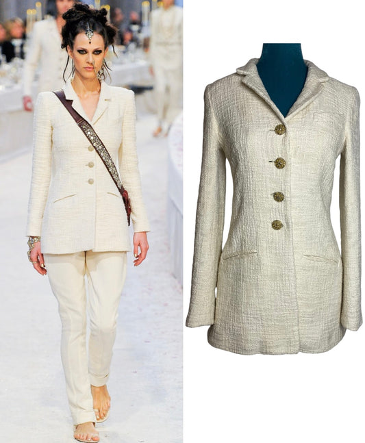 Chanel 12A Paris-Bombay Runway Ivory Ecru Cotton Tweed Blazer Long Jacket FR 38