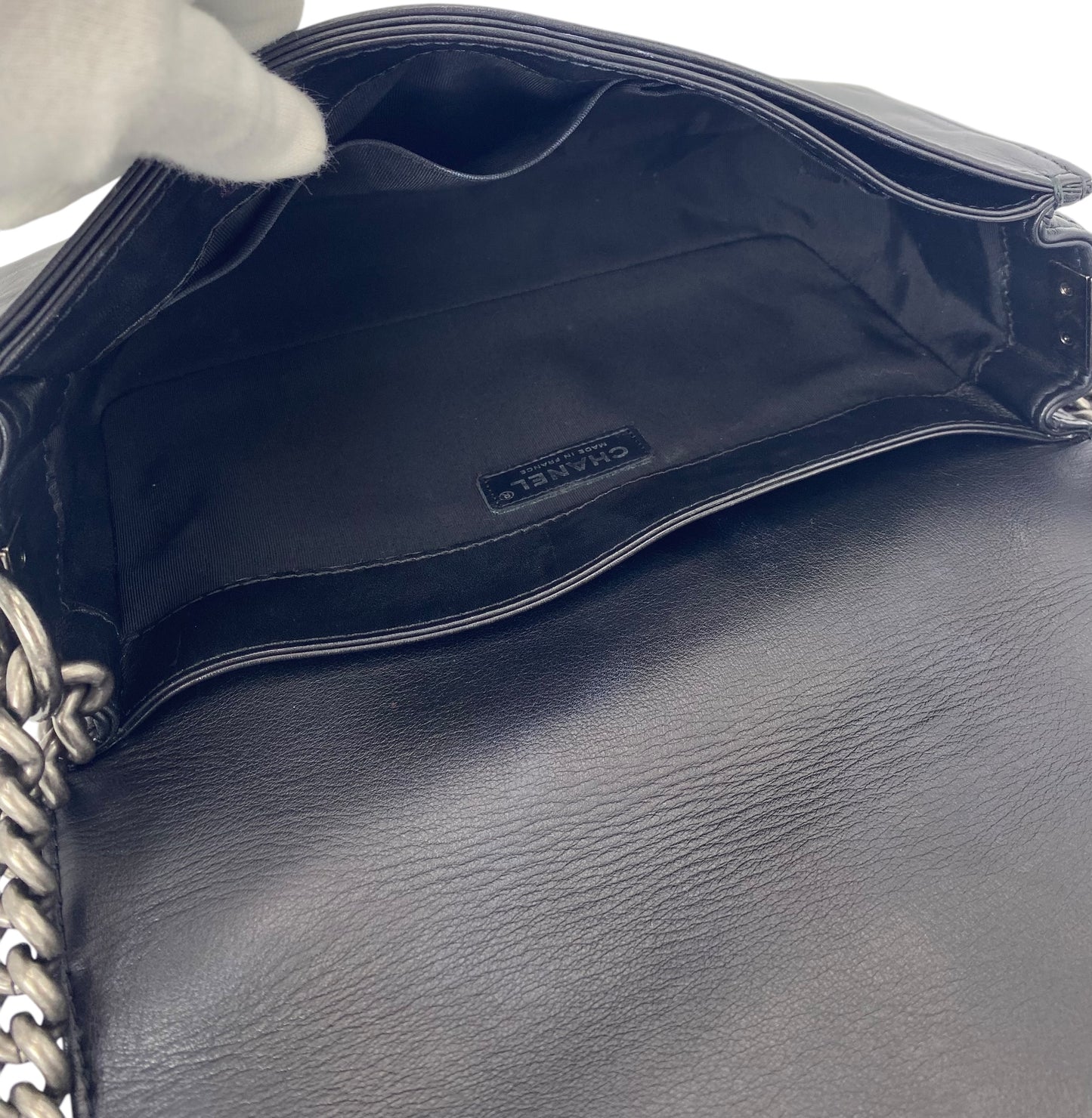 Chanel 2013 Enchained Boy Bag Black Leather Medium Flap Bag