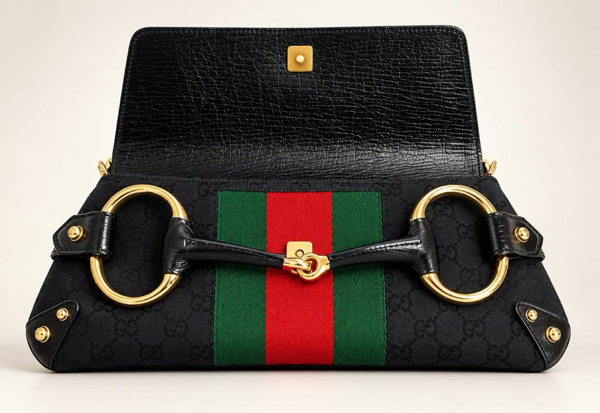 Gucci Large 1955 Tom Ford Classic Black Red Green GG Monogram Horsebit Clutch Handbag GHW