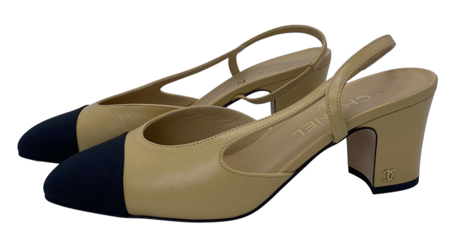 Chanel 23C Tan Leather Black Grosgrain Classic Slingback Pump Heels EU 38.5C
