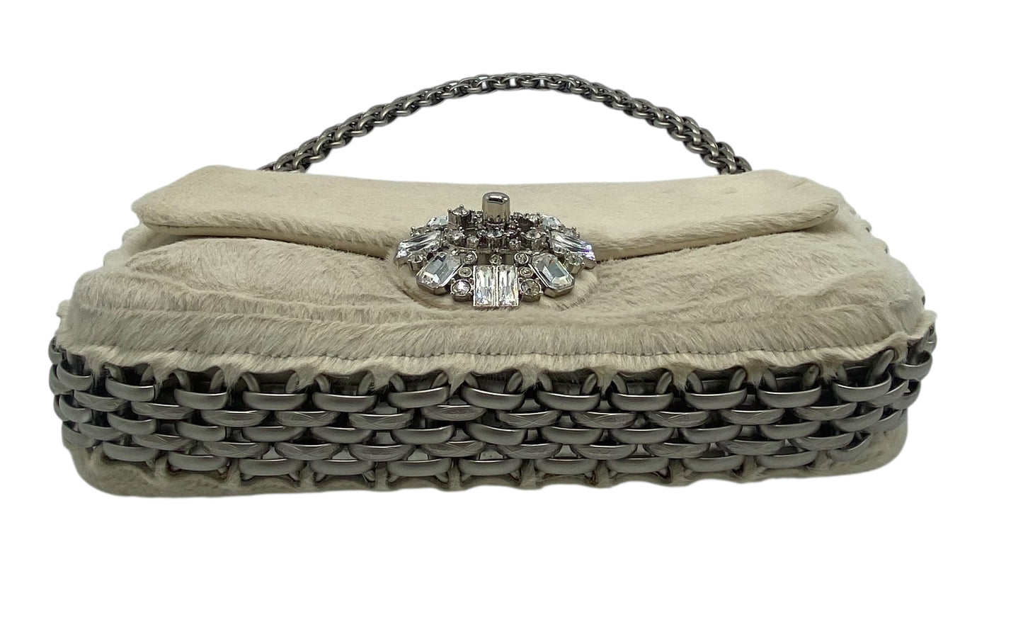 Rare Chanel White Shimmer Pony Hair Swarovski Crystal Chain Around Classic Medium Flap Bag