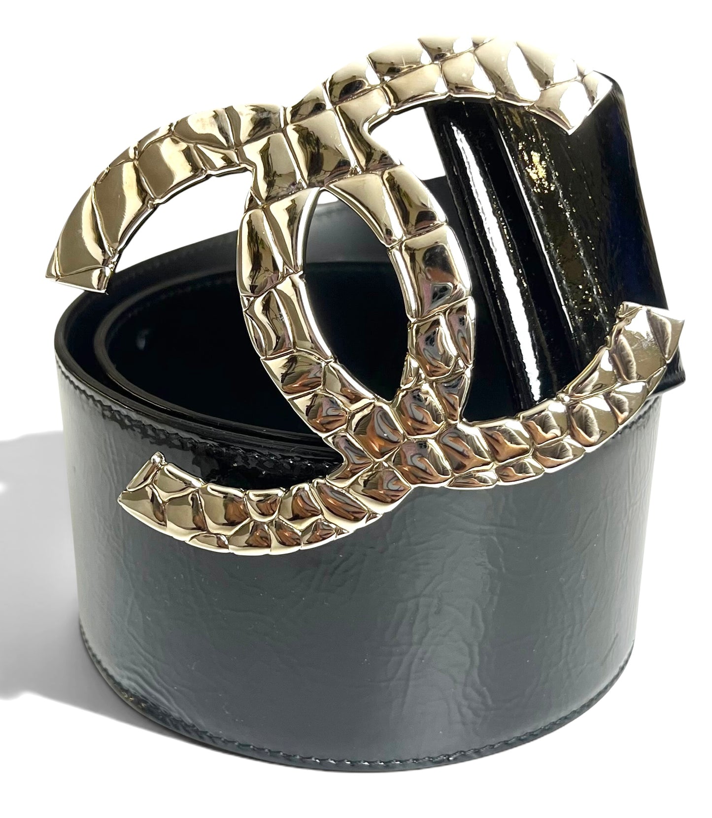 Chanel 07P Black Patent Silver Oversized CC Croc Embossed Logo Wide Belt Size 90/36