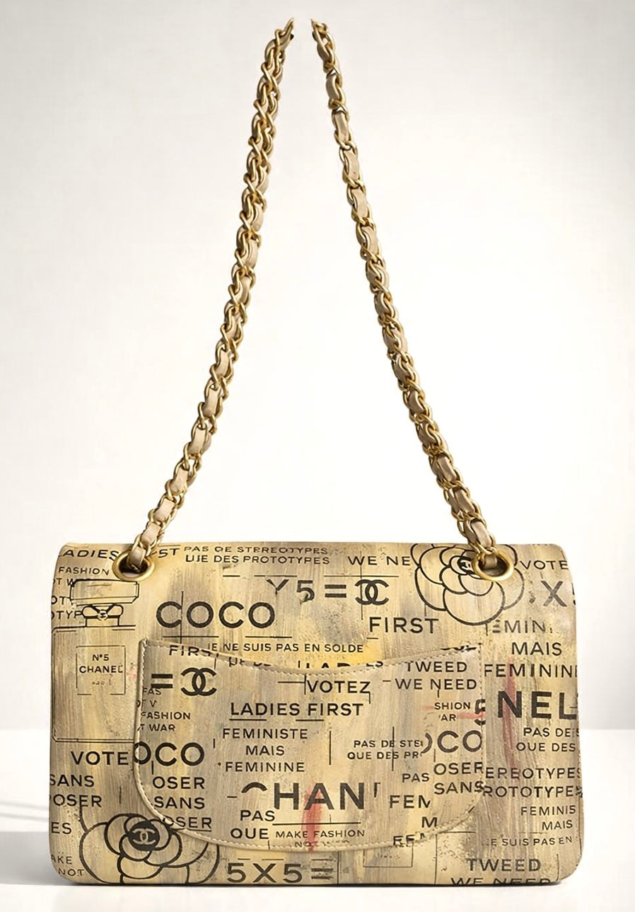 CHANEL 15S GRAFFITI NEWSPAPER CLASSIC MEDIUM DOUBLE FLAP BAG